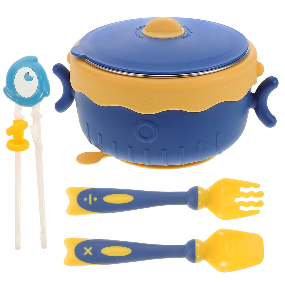 Vaguelly Baby Bowls Set 4Pcs With Suction Lid Spoon Fork Chopsticks Sky-Blue