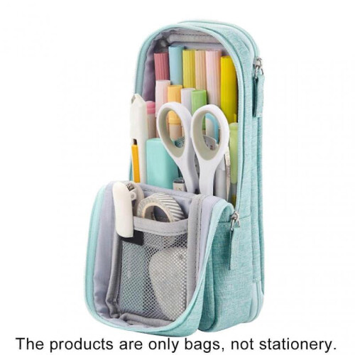 (Green)Double Layer Stand Pencil Stationery Case Large Capacity