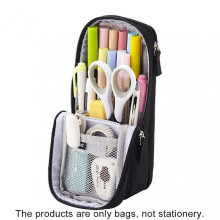 (Black) Double Layer Stand Pencil Stationery Case Large Capacity