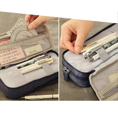 (Black)Double Layer Stand Pencil Stationery Case Large Capacity 2