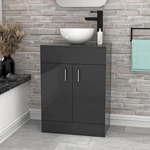 NES Home Nes Home Dark Grey 600mm Bathroom Doors Vanity Unit Round Ceramic Basin 2