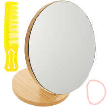 Flexible wooden vanity mirror with stand, rotating round design