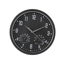 14 inch black wall clock with temp humidity meter and silver hands