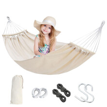 Double Hammock With Wooden Spreader Bar, Cotton Fabric, Beige, Camping Bed, Strong Bearing Capacity, Stable Hangings