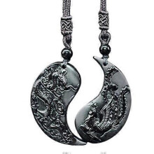 (As show, One size) Obsidian Dragon and Phoenix Yin Yang Pendant Necklaces for Couples