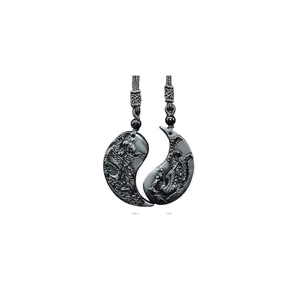 Kikidex (As Show, One Size) Obsidian Dragon And Phoenix Yin Yang Pendant Necklaces For Couples Black