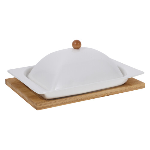 Ceramic Butter Dish With Wood Base For Kitchen Use 2