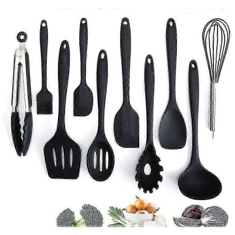 Kitchen Utensil Set, Silicone, Non-Stick, Heat Resistant, Whisk, Grill Tongs, Etc. (Black) Black