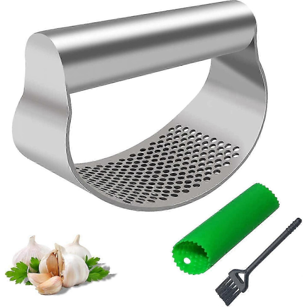 Food Grade Stainless Steel Garlic Crusher, Mincer, Garlic Press, Masher with Silicone Garlic Peeler, Tube Roller and Cleaning Brush