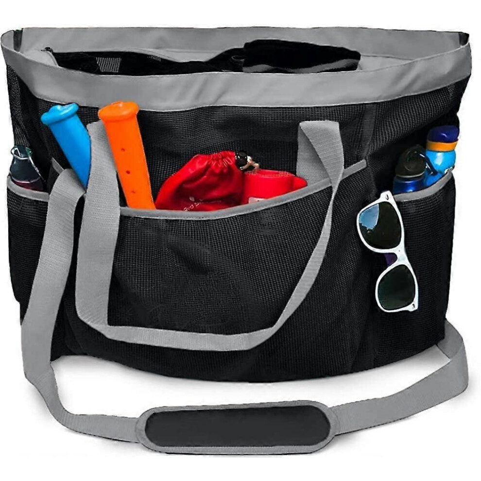 (As show, One size) Mesh Beach Bag with Zip - Oversized Beach Tote - Pool Bag,Black