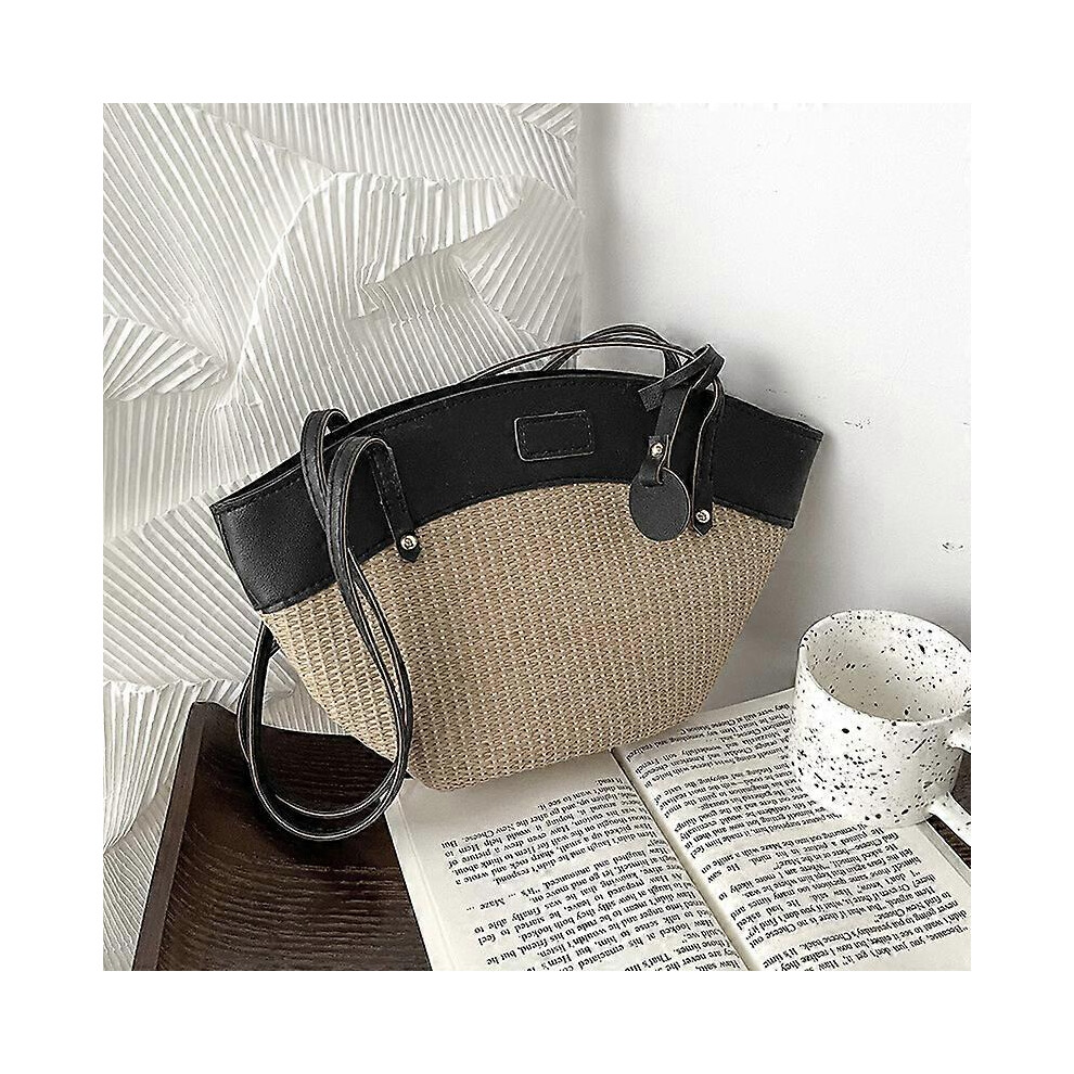 Kikidex (As Show, One Size) Straw Handbag Tote Large Bag Women Handmade Natural Basket Bag For Summer Beach Pu Leather Strap, Black