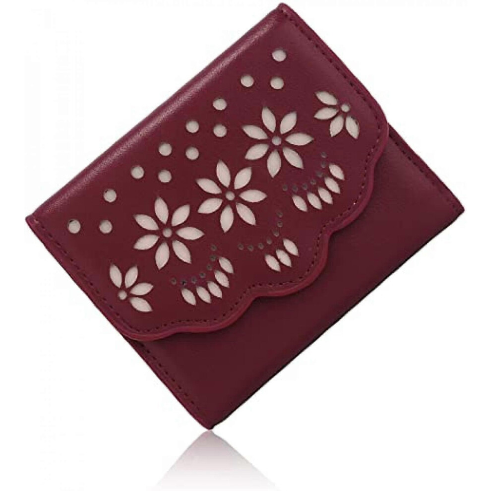 Kikidex (As Show, One Size) Aveki Wallet For Women Hollow Floral Vegan Leather Card Holder Organizer Small Trifold Girls Flower Purse Wine Red