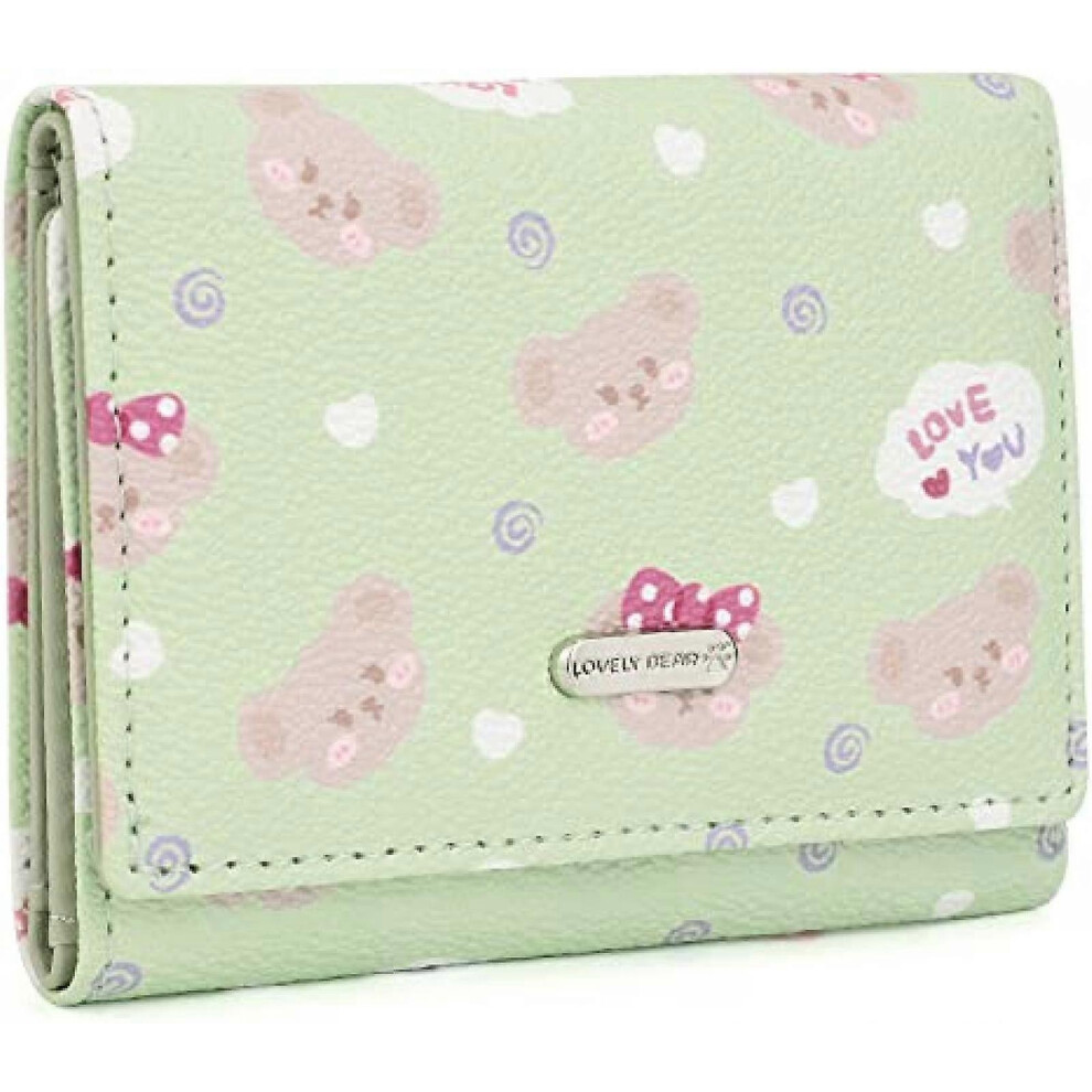 Kikidex (As Show, One Size) Aveki Kawaii Wallet For Girls Cute Bear Vegan Leather Card Holder Organizer Trifold Women Purse, Lovely Bear Green