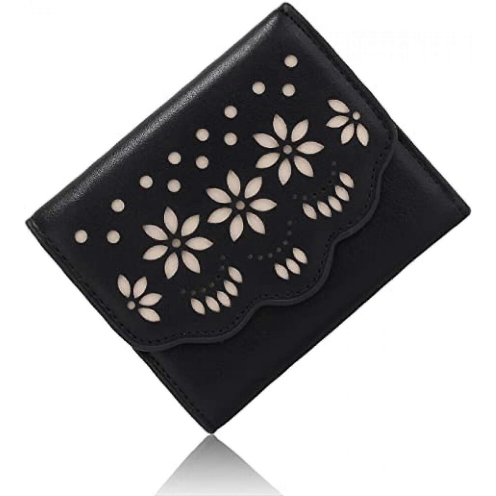 Kikidex (As Show, One Size) Aveki Wallet For Women Hollow Floral Vegan Leather Card Holder Organizer Small Trifold Girls Flower Purse Black