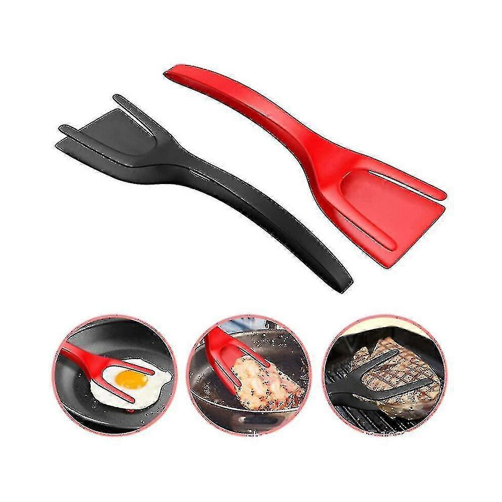 (Red) 2 in 1 Spatula Tongs Nylon Heat Resistant Handle Flip Steak Egg Spatula Fried Egg Turners Kitchen Frying Tool Xixi-image-OPC-PKRJHNW-NEW