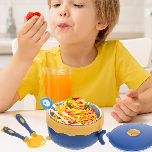 baby bowls set 4pcs with suction lid spoon fork chopsticks sky-blue 2