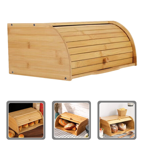 Bamboo Bread Box with Lid Light Brown Kitchen Storage 2