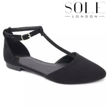 (BLACK , EU 37 - UK 4 ) Ladies Pointed Toe T-Bar Buckle Strap Flat Shoes - Footwear, Girl Women Footwear Summer Sandal