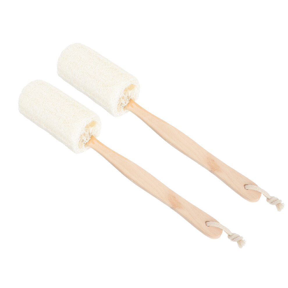 Inoomp 2Pcs Loofah Sponge Bath Brush Wooden Handle Comfortable Skin Scrubber