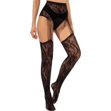 Women Black Stockings With Belt Set Belted Stockings High Waist Tights Floral Print Mesh Lace Pantyhose One Size