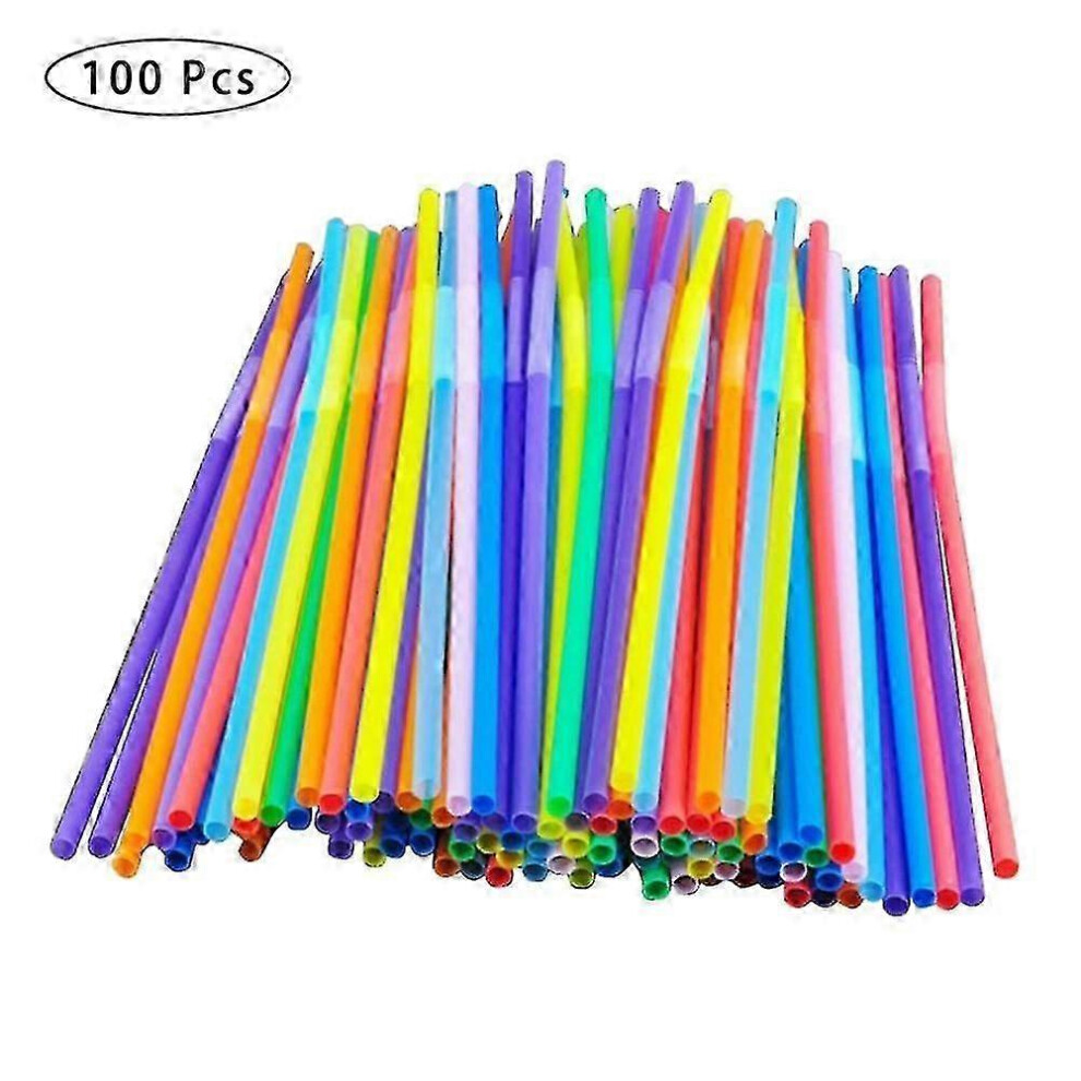 （D） 100pcs Flexible Fluorescent Plastic Drinking Straws Disposable Beverage Straws Wedding Decoration Mixed Colors
