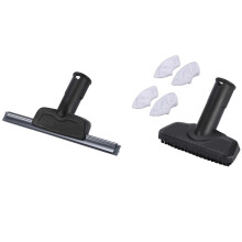 2 juegos de accesorios para limpiadora a vapor: 1 boquilla limpiadora de cristales y 1 cepillo de mano.