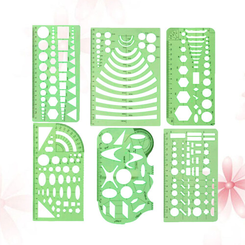 6pc green transparent plastic geometric ruler set with measuring templates