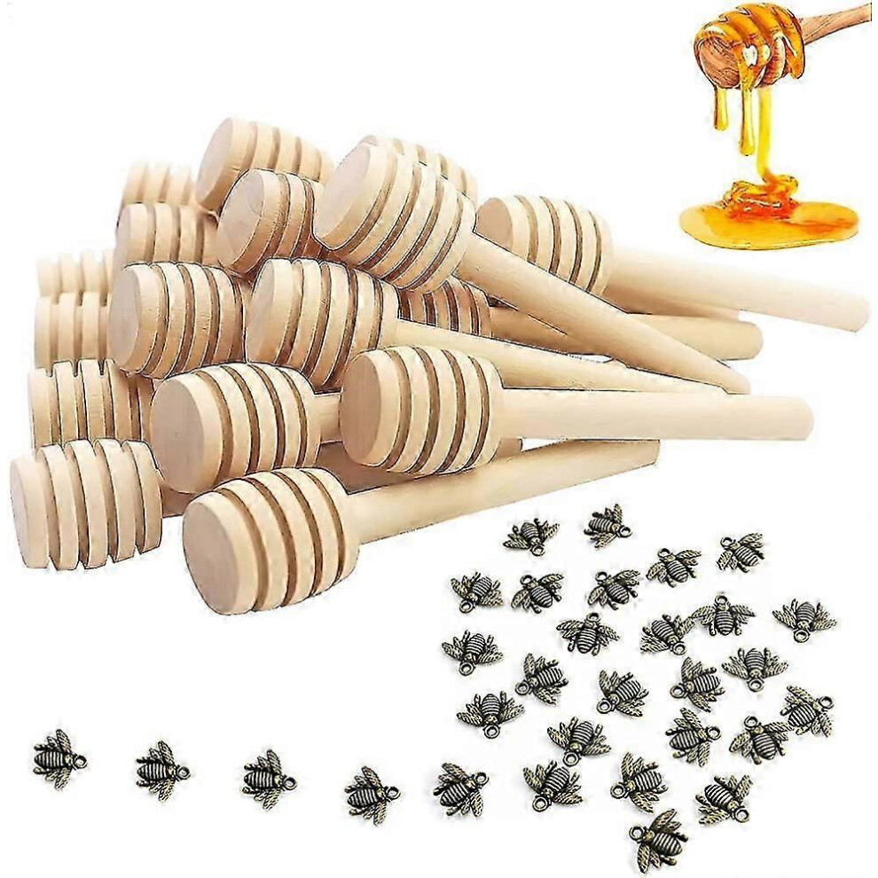 Set of 30 honey spoons with bee pendant and 8 cm mini wooden honey sticks