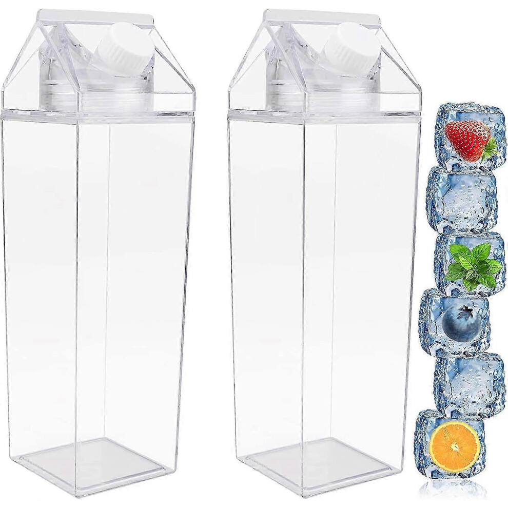 Milk Carton Water Bottles, 2 Pack, 1000ml, Portable, Square, Clear, with Screw Cap, for Drinking (1000ml)
