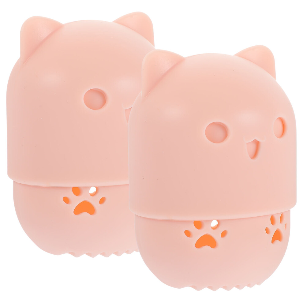 Solustre Pink 2Pcs Cosmetic Powder Puff Holder Silicone Makeup Accessories Case