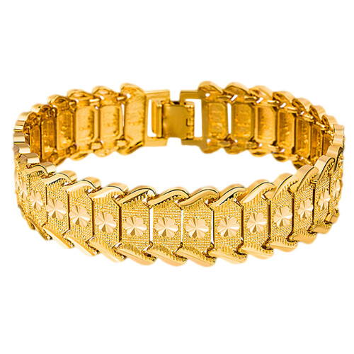 men bracelet wide flower pattern engraved chain link golden