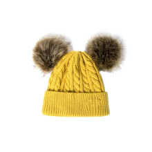 yellow double pompom beanie hat for kids babies winter warm knitted cap