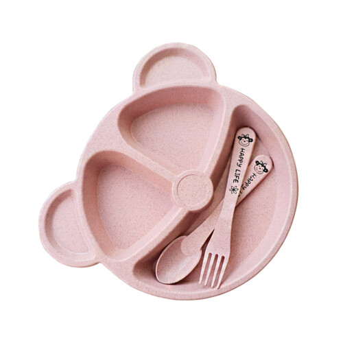 3pcs wheat straw kids plate set with spoon fork shape 2