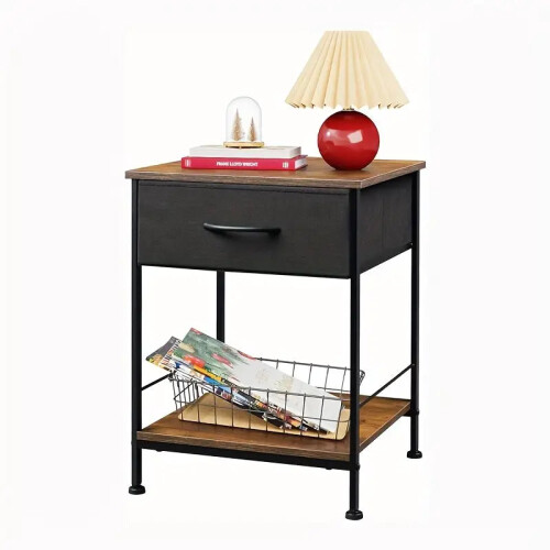 Rustic Black Metal Nightstand with Fabric Drawer 1