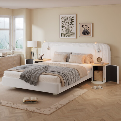 4ft6 Double Upholstered Bed with Nightstands,Beige