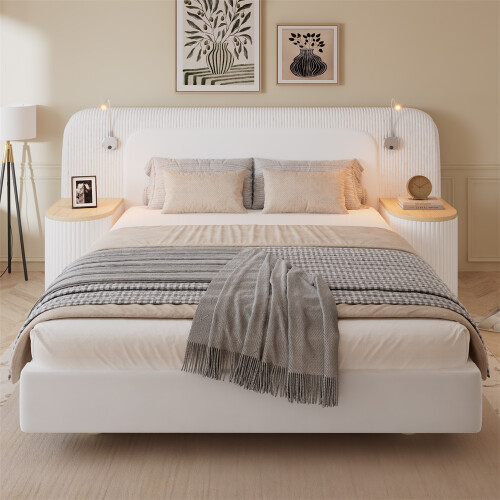 4ft6 Double Upholstered Bed with Nightstands,Beige 2