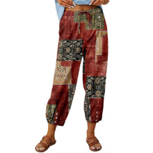 (XL, Red) Women Floral Elastic Waist Thin Pants Printed Cotton Linen Trousers Breathable Baggy Pants Casual Clothing White XL