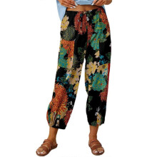 (XXL, Black) Women Floral Elastic Waist Thin Pants Printed Cotton Linen Trousers Breathable Baggy Pants Casual Clothing White XL