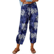 (XL, Blue) Women Floral Elastic Waist Thin Pants Printed Cotton Linen Trousers Breathable Baggy Pants Casual Clothing White XL