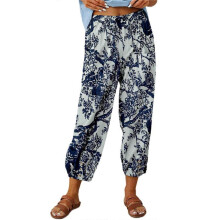 (S, White) Women Floral Elastic Waist Thin Pants Printed Cotton Linen Trousers Breathable Baggy Pants Casual Clothing White XL