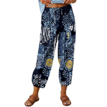 (S, Dark Blue) Women Floral Elastic Waist Thin Pants Printed Cotton Linen Trousers Breathable Baggy Pants Casual Clothing White XL