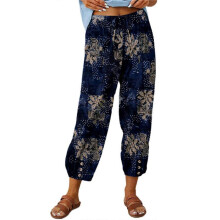 (XXL, navy blue) Women Floral Elastic Waist Thin Pants Printed Cotton Linen Trousers Breathable Baggy Pants Casual Clothing White XL