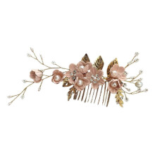 (Pink) Handmade Floral Hairpiece with Crystal Wedding Hair Comb for Bride or Bridesmaid Ethnic Style Headwear Accessories White