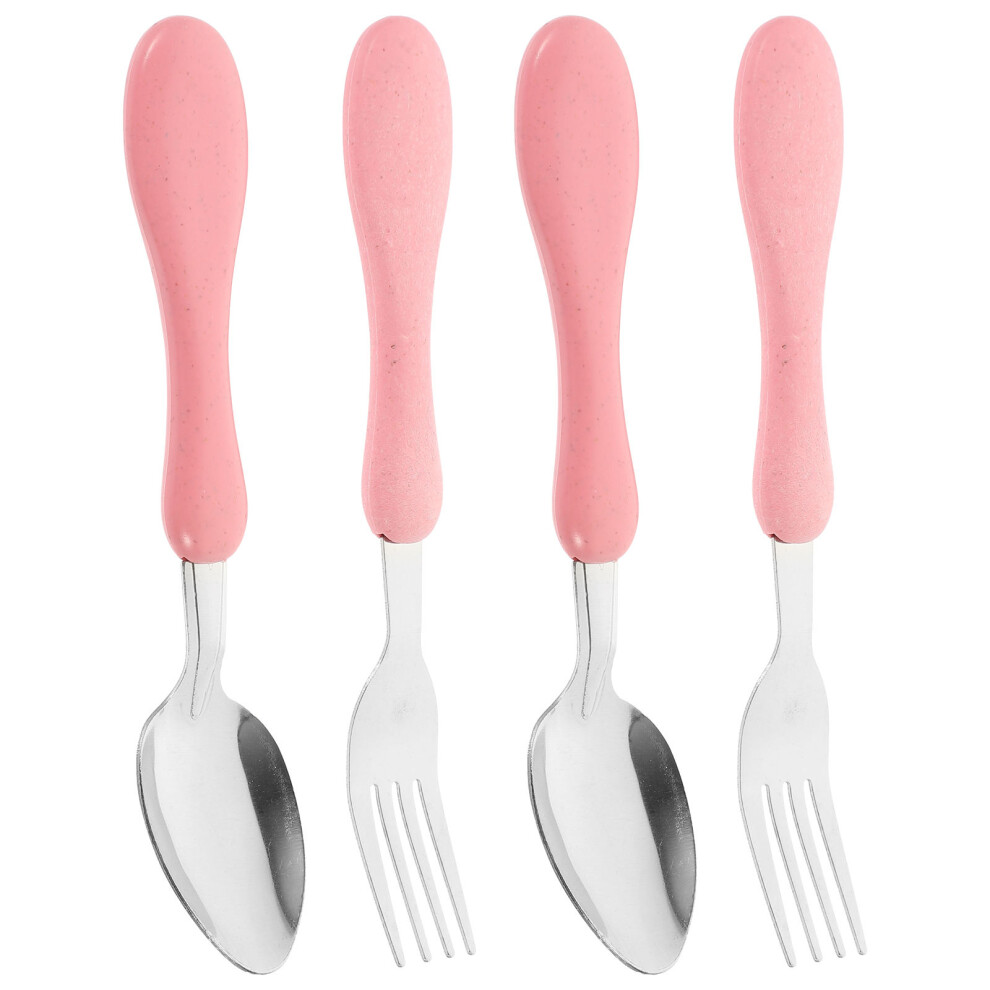 Villcase 4Pcs Silicone Handle Stainless Steel Baby Spoons Forks Pink Set