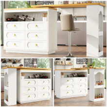 White 360° Rotating Bar Table with Spice Rack & 6 Drawers (137x39x90cm)