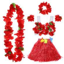 6pcs hawaii grass skirt set for kids with headband 40cm red