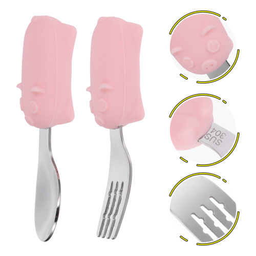 baby short handle spoon and stainless steel fork feeding set 2