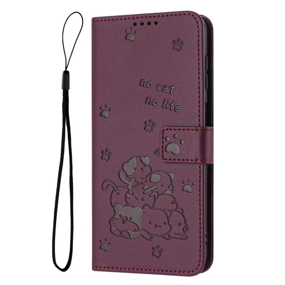 Wallet Case For Iphone Xr With Card Holder And Stand Leather Flip Folio Embossed Cat Flowers Shockproof Wine Red 9393856010219