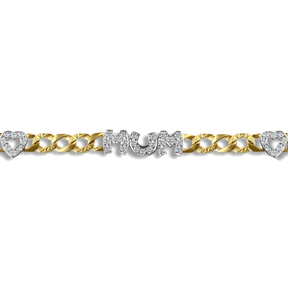 Jewelco London Ladies Solid 9ct Yellow and White gold White Round Brilliant Cubic Zirconia MUM Venezia Love Heart Curb 6mm Gauge Bracelet - JBB212