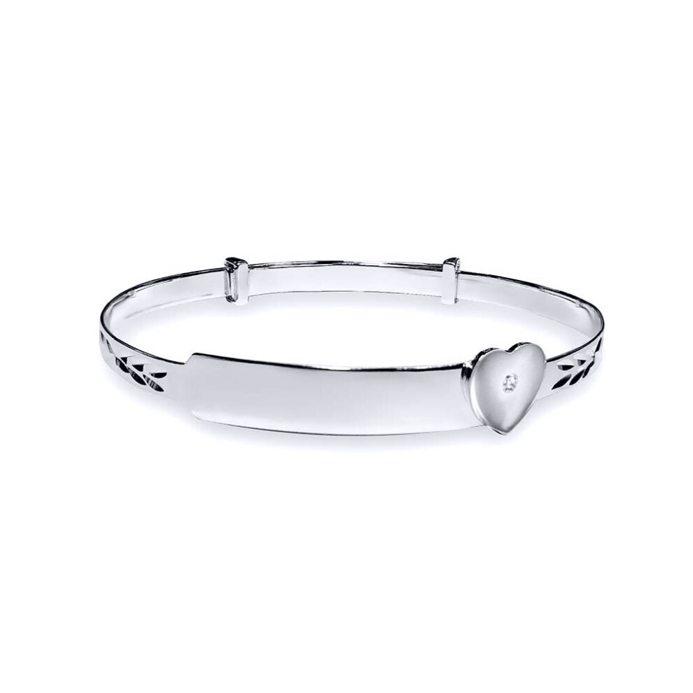 Jewelco London Girls Solid Sterling Silver Diamond Heart ID Expanding Baby Bangle Bracelet 3mm - AKB004